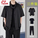 安初夏條紋短袖t恤男士休閑套裝夏季衣服男裝穿搭配韓版潮流寬松三件套 黑外衣+棉短黑T+垂感褲 XL