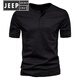 JEEP SPIRIT/吉普2025新款圓.領(lǐng)T恤男休閑短袖純棉亨利領(lǐng)開襟男式純色修身. 黑色 L