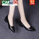 卡帝樂鱷魚（CARTELO）2025夏新款網(wǎng)真皮尖頭中跟淺口單鞋女百搭粗跟軟底防滑瓢鞋 黑色 橡膠防滑底 39 標(biāo)準(zhǔn)碼