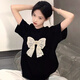 妙奕嘉黑色短袖女裝夏季寬松t恤衣服大碼新款2026年上衣半袖洋氣遮肚子 大蝴蝶結印花短袖 L 【建議110-125斤】
