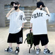 猴兄仔童裝男童短袖套裝夏季男孩休閑運動(dòng)T恤短褲兩件套中大兒童夏裝潮8 白色 150 (建議身高140CM左右)