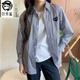 狄帝鯊2025年春夏韓版愛心藍色襯衣男女情侶寬松條紋長袖上衣襯衫外套女 藍色 M