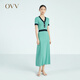 OVV2023春夏新款女裝復(fù)古撞色修身短袖A字傘裙針織連衣裙 湖藍(lán)鑲拼02 M