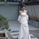 纖縷法式緞面白色抹胸仙氣泡泡袖晨袍新娘結(jié)婚出門輕婚紗敬酒晚禮服裙 白色現(xiàn)貨 L