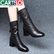 卡帝樂(lè )鱷魚(yú)（CARTELO）真皮中筒靴女粗跟單靴2025秋季新款中跟短靴女秋冬高跟加絨馬丁靴 黑色絨里 36