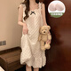 TULX吊帶睡衣女夏季睡裙帶胸墊梭織棉感新款夏天孕婦家居服連衣裙 YZQ_1809#吊帶裙 立體格-白色 L 152-167CM92-120斤