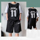 藍霸虎短袖籃球服套裝定制11號中國隊假兩件比賽訓練籃球衣女有袖夏季潮嘻哈寬松男友風(fēng)球服 中國 黑色 套裝 4XL（建議180-185cm）