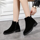 蜜凡蘇翻毛皮鞋女短靴反皮真的皮平底切爾西新款粗的跟馬丁靴磨砂軟底 黑色【加絨內里】 40