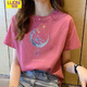 珞妮短袖t恤女2025夏季新款女裝圓領(lǐng)體恤韓版寬松顯瘦休閑半袖上衣女 玫粉色-星球 L 建議105-120斤