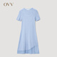 OVV2023春夏新款女裝彈力修身A型傘裝不對(duì)稱短袖U領(lǐng)針織裙 藍(lán)灰鑲拼09 M