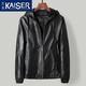 凱撒（KAISER）皮衣男頭層油蠟牛皮鵝絨服2025冬季新款連帽拉鏈款活里活面皮外套 黑色 L (170) (適合110-125斤)