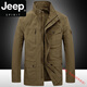 JEEP SPIRIT春秋季夾克男純棉商務(wù)休閑中長(cháng)款寬松大碼中年爸爸多口袋工裝外套 卡其 2XL