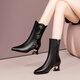 度凡尼斯中筒靴高跟女大碼真皮全真皮靴子女冬季尖頭粗跟中筒靴女中跟 黑色 35