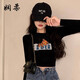 嫻柔黑色長(cháng)袖T恤女打底衫半高領(lǐng)高腰露臍短款春秋冬季內搭上衣 黑色【大熊】 M