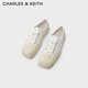 CHARLES&KEITH拼色方頭厚底平底鞋女鞋休閑單鞋CK1-70900322 White白色 38