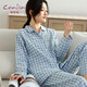 康妮雅（Conlia）睡衣女春秋季純棉雙層紗女士家居服長(zhǎng)袖經(jīng)典格子休閑套裝可外穿 藍(lán)白格（春秋薄款） L
