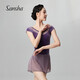 Sansha 法國三沙舞蹈服女 成人芭蕾舞練功服短袖天鵝絨網(wǎng)紗連體裙 豆沙紫 M