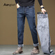 亞獅龍【法蘭絨】牛仔褲男修身直筒2023新款秋冬款加絨加厚保暖褲子 YC-6832R藍灰色 34碼