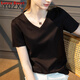 LOVER RUCCI2025年新款桑蠶絲短袖t恤女洋氣打底衫寬松絲光棉v領(lǐng)春夏上衣 黑色【V 領(lǐng)】 XXL 120~130斤