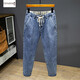 唐治 春夏季牛仔褲男寬松休閑彈力小腳哈倫褲時(shí)尚潮流百搭大碼褲子男士加肥加大學(xué)生松緊腰工裝長(cháng)褲 淺藍色6322 M