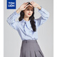 唐獅秋季女圓領(lǐng)凈色綁繩長(cháng)袖襯衫簡(jiǎn)約甜美百搭韓版減齡潮流WP 天藍 L