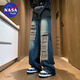 NASA BASE官方潮牌男裝休閑破洞牛仔褲男女款秋季寬松直筒大碼復古褲子男 藍色 XL（推薦體重130-140斤）