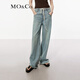 MO&Co.牛仔褲春夏抽繩中低腰懷舊洗磨貓須毛邊含桑蠶絲闊腿褲摩安珂 牛仔藍色 L 28