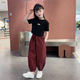 拙拙豬女童洋氣短袖運動套裝2025新款夏季兒童秋裝女孩大童時髦女裝衣服 黑色【黑T恤+酒紅褲】 140 碼適合身高125-135厘米