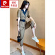 皮爾卡丹（pierre cardin）歐貨感工裝女夏2025新款小個(gè)子高腰九分領(lǐng)連體褲子 黑拼卡其  L
