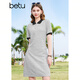 百圖betu女裝春夏新款連衣裙拼色翻領(lǐng)減齡短袖針織連衣裙2403D11 淺灰 M