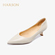 哈森（Harson）氣質(zhì)簡約風(fēng)細(xì)跟尖頭女單鞋純色通勤工作鞋HS222507 米色羊皮革 36