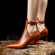 獨女獨女棕色高跟短靴女2025新款秋冬真皮尖頭細跟高跟鞋英倫單靴皮靴 焦糖色 8.5cm 39