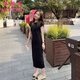 樂雅秀連衣裙女純色中長款夏季顯瘦氣質(zhì)休閑過膝T恤收腰新款直筒短袖裙 黑色-長款 L --100~110斤內(nèi)