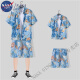 NASA GISS冰丝短袖花衬衫套装男夏季薄款夏威夷印花衬衫沙滩裤大裤衩套装男 1123蓝色(主图款) 一套 XL 173/130-145斤