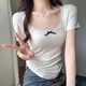 妙奕嘉白色t恤女短袖女裝夏季新款2025年女士衣服上衣半袖涼感t恤短款 蕾絲花邊坑條蝴蝶結短袖【杏白】 XL
