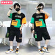 柏潮男童夏裝套裝新款洋氣韓版中大童男孩帥氣夏季短袖兩件套兒童 黑色 110 身高95到105