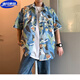 唐號夏季冰絲碎花短袖襯衫男潮流寬松嘻哈夏威夷沙灘海邊度假雪紡襯衣 1189藍色 XL