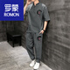 羅蒙（ROMON）  中國風(fēng)夏季短袖男士套裝寬松棉麻恤國潮亞麻夏裝刺繡休閑 T30灰色 L