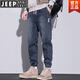 JEEP SPIRIT牛仔褲男士春秋冬季寬松休閑哈倫褲加絨加厚束腳運動九分長褲子男 藍灰 XL【建議130-150斤】