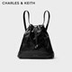 CHARLES&KEITH柔軟單肩流浪包水桶包雙肩包包女包女士生日七夕禮物CK2-10151393 Noir黑色 L