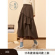 紫涵（ZIHAN）紫涵高腰a字半身裙女2025年冬季新款捏褶網(wǎng)紗木耳邊拼接松緊長(zhǎng)裙 巧克力咖 M