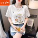 紅蜻蜓純棉短袖t恤女新款女士體恤潮春夏季衣服寬松刺繡印花短袖 白色單車(chē) XL