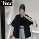 VEOX韓國ins暗黑系色百搭短袖襯衫女2025夏季新款港風襯衣男女款上衣 黑色[高質(zhì)版] XS [體重穿50-68斤]