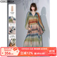 COCOBELLA[赤霞橘光]手繪彩虹條紋飄逸長(zhǎng)袖連衣裙套裝FR7045 赤霞橘光(含吊帶裙+腰帶) L