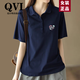 QVI高端品牌 短袖t恤女夏季新款文藝寬松休閑減齡顯瘦純棉翻領(lǐng)上衣 藏青色【小愛心】 3XL【140-160斤】