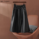 兔芊秋冬半身裙新款真皮皮裙女高腰顯瘦中長(cháng)款傘裙綿羊皮通勤純色皮裙 黑色 M 建議90-105斤