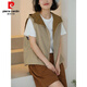 皮爾卡丹（pierre cardin）雙面穿文藝連帽馬甲女春夏季2025新款百搭無袖馬夾寬松大尺碼開衫 卡其拼駝色【春秋雙面穿】 XL 【建議115-130斤】