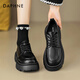 達芙妮英倫風(fēng)黑色小皮鞋女2025春季爆款女鞋jk單鞋松糕底增高綁帶樂(lè )福鞋 黑色【四季款】 36