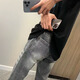 衣然呈品牛仔褲男春秋新款復古水洗寬松潮牌彈力修身小腳百搭休閑長(cháng)褲子男 灰色四條杠 L