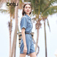 百圖betu女裝夏季新款連體褲復(fù)古水洗牛仔工裝連體褲女2404D05 牛仔色 M